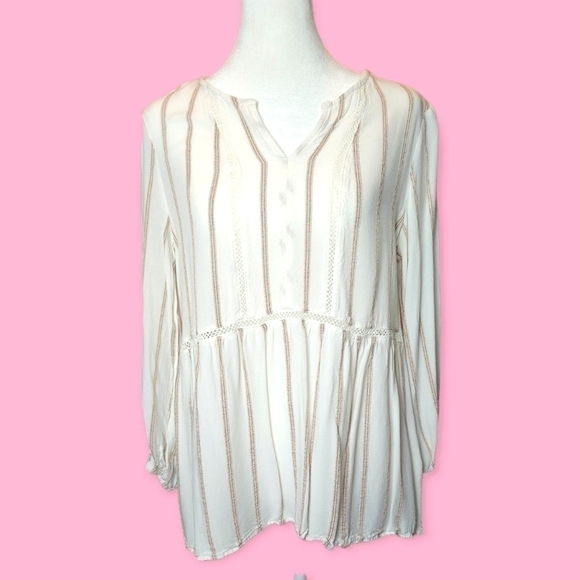 Ivory & Tan Peplum Balloon Sleeve Crochet Detail Striped Blouse Size Small - Picture 1 of 7